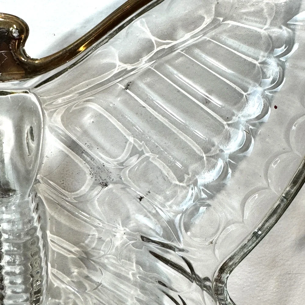 Vintage Clear Glass Butterfly Divided Candy Nut Dish Gold Trim Mid Century